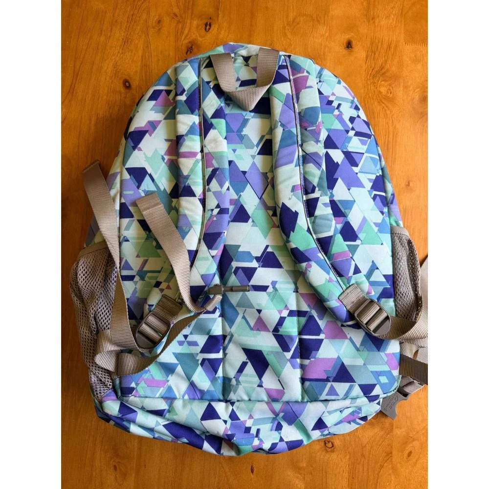 LL Bean Deluxe Backpack Blue Purple Geometric Triangle Print School Bag